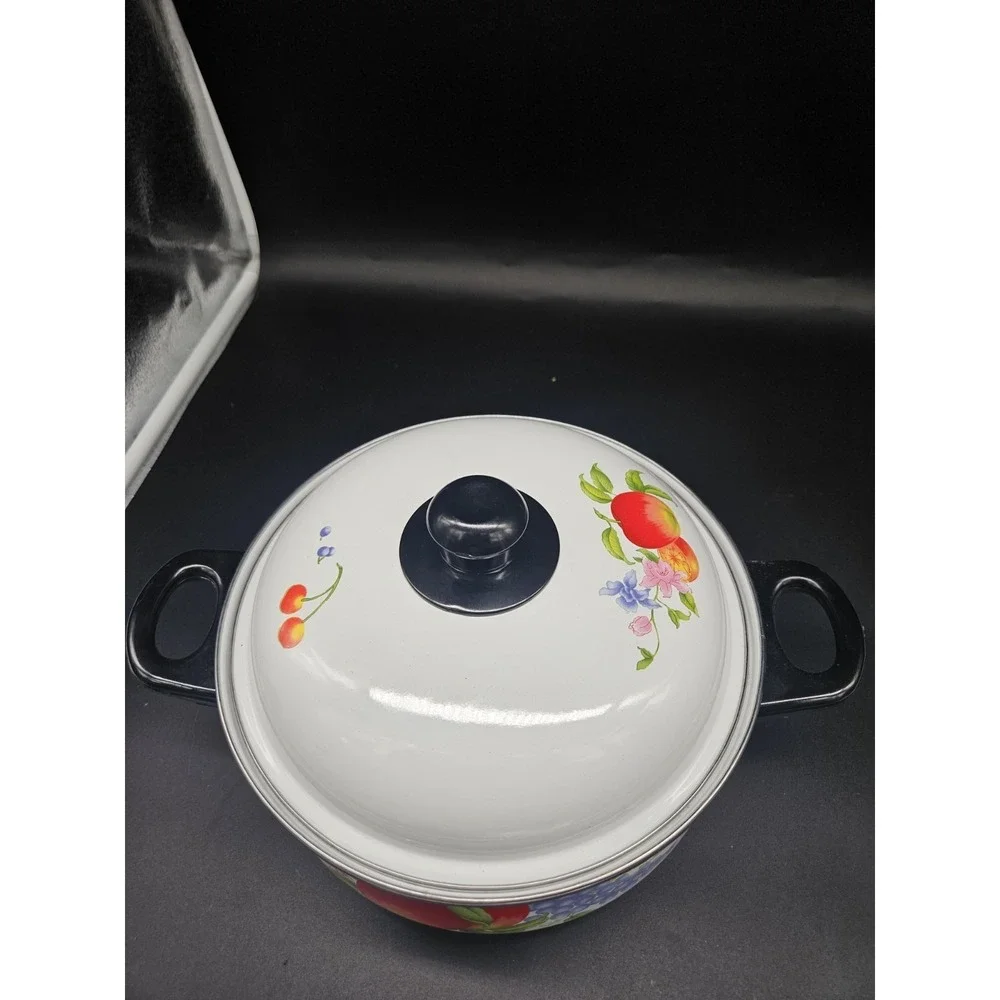 Vintage Enamelware Apple & Grape Large Pot W/ Lid